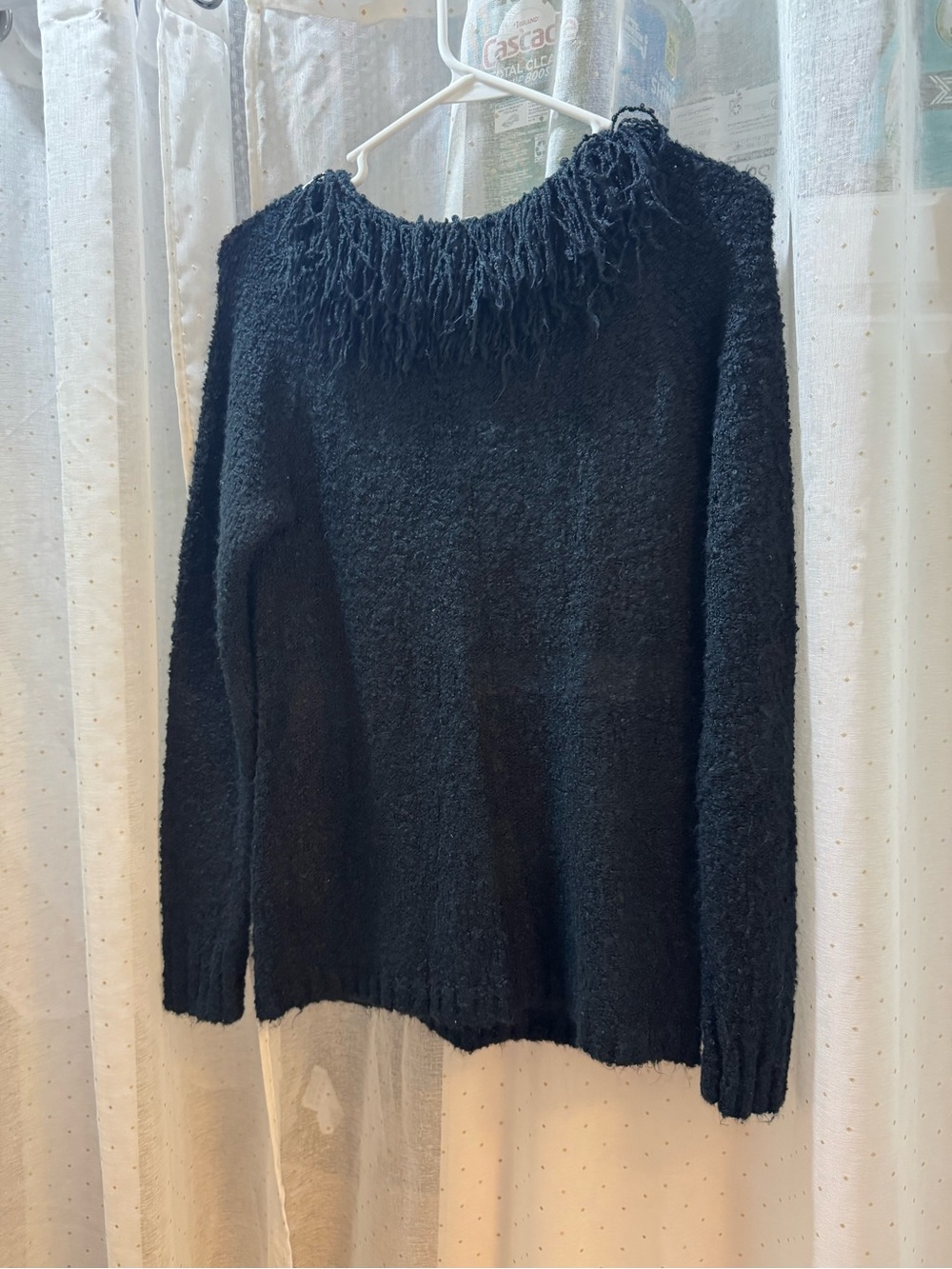Fringe-Trim Black Crewneck Sweater